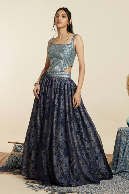 Shop_Sva By Sonam & Paras Modi_Blue Crepe Print Metallic Square Bloom Art Lehenga With Corset Blouse_Online_at_Aza_Fashions