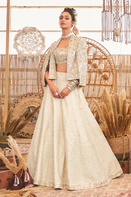 Buy Beige Raw Silk Embroidered Bead Work Sweetheart Jacket Lehenga Set For  Women by Asra Online at Aza Fashions.