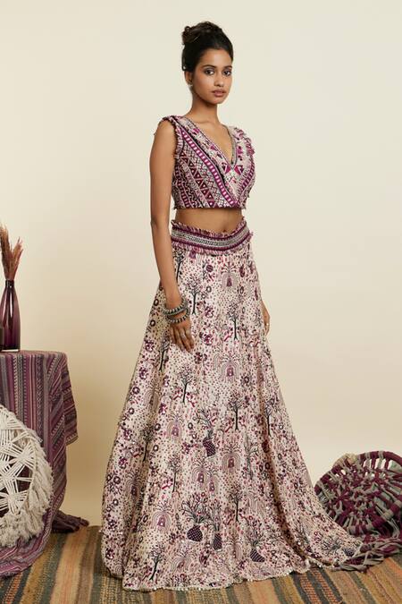 Shop_Sva By Sonam & Paras Modi_Purple Crepe Print Forest Bloom V Embellished Lehenga With Blouse_Online_at_Aza_Fashions