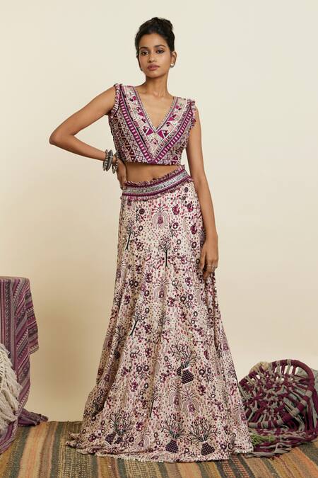 Sva By Sonam & Paras Modi_Purple Crepe Print Forest Bloom V Embellished Lehenga With Blouse_at_Aza_Fashions