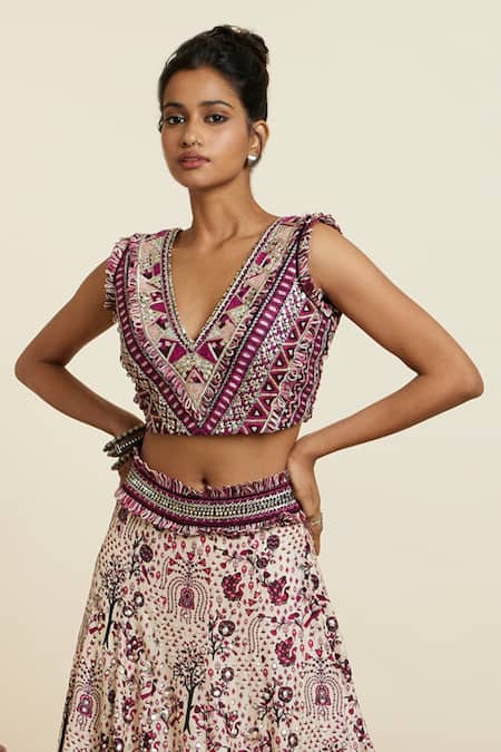 Buy_Sva By Sonam & Paras Modi_Purple Crepe Print Forest Bloom V Embellished Lehenga With Blouse