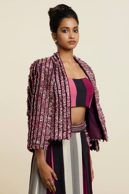 Sva By Sonam & Paras Modi_Wine Textured Front Open Noor Jacket_Online_at_Aza_Fashions