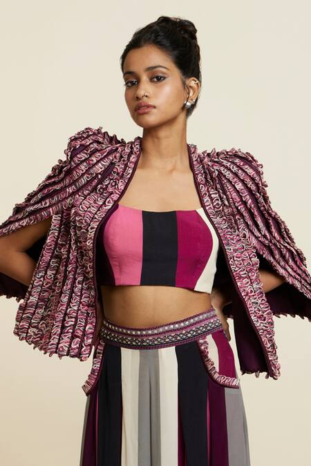 Buy_Sva By Sonam & Paras Modi_Wine Textured Front Open Noor Jacket_Online_at_Aza_Fashions