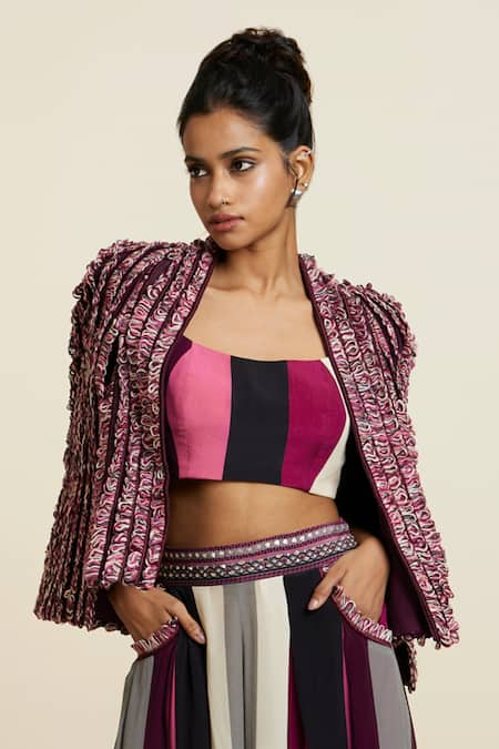 Shop_Sva By Sonam & Paras Modi_Wine Textured Front Open Noor Jacket_Online_at_Aza_Fashions