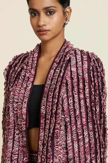 Sva By Sonam & Paras Modi_Wine Textured Front Open Noor Jacket_at_Aza_Fashions
