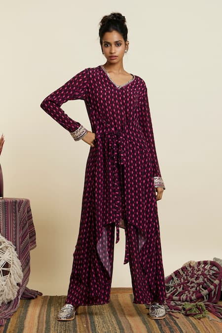 SVA by Sonam & Paras Modi Wine Crepe Printed Geometric V Neck Tunic And Palazzo Set 