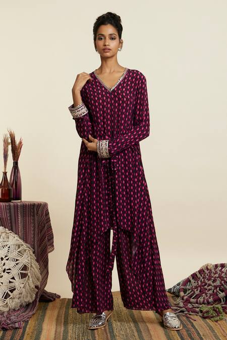 Sva By Sonam & Paras Modi_Wine Crepe Printed Geometric V Neck Tunic And Palazzo Set_Online_at_Aza_Fashions