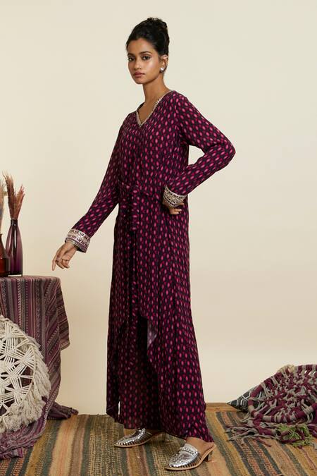 Buy_Sva By Sonam & Paras Modi_Wine Crepe Printed Geometric V Neck Tunic And Palazzo Set_Online_at_Aza_Fashions
