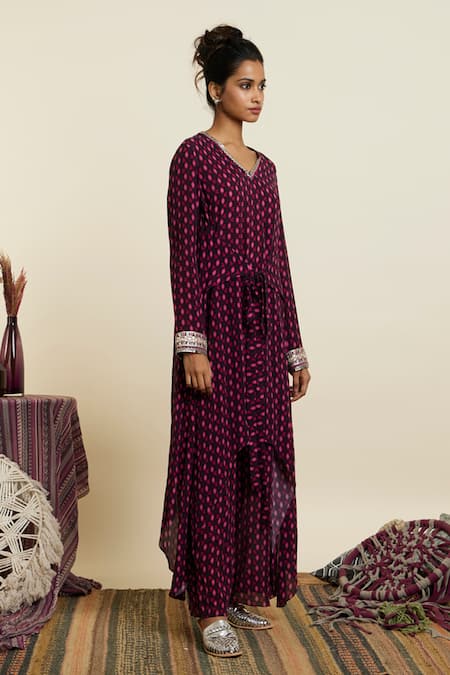 Shop_Sva By Sonam & Paras Modi_Wine Crepe Printed Geometric V Neck Tunic And Palazzo Set_Online_at_Aza_Fashions