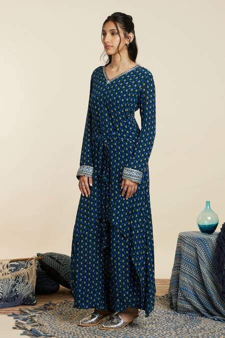 Buy_Sva By Sonam & Paras Modi_Emerald Green Crepe Geometric V Neck Pattern Front Tie Tunic And Palazzo Set_Online_at_Aza_Fashions