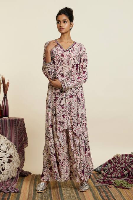 Sva By Sonam & Paras Modi_Peach Crepe Botanic V Neck Safar Front Tie Up Tunic And Palazzo Set_Online_at_Aza_Fashions
