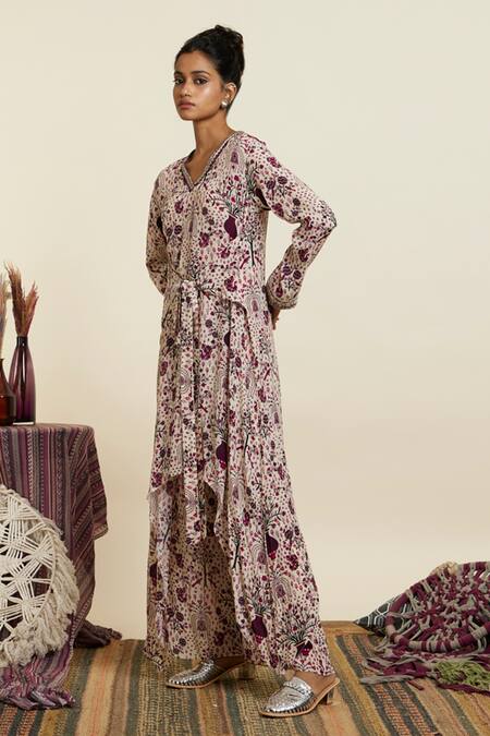 Buy_Sva By Sonam & Paras Modi_Peach Crepe Botanic V Neck Safar Front Tie Up Tunic And Palazzo Set_Online_at_Aza_Fashions
