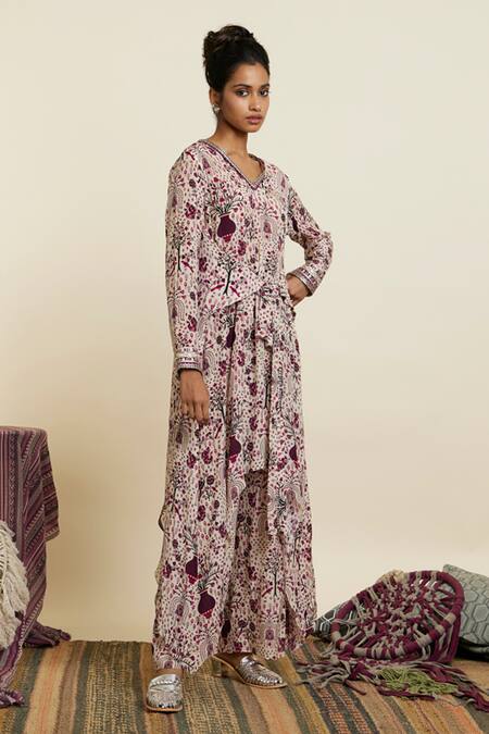 Shop_Sva By Sonam & Paras Modi_Peach Crepe Botanic V Neck Safar Front Tie Up Tunic And Palazzo Set_Online_at_Aza_Fashions