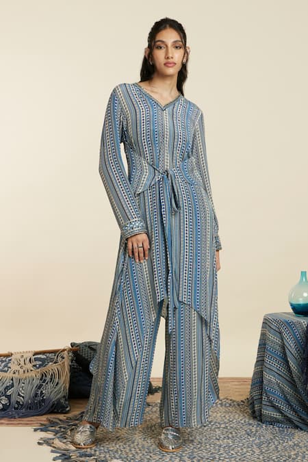 SVA by Sonam & Paras Modi Blue Crepe Striped V Neck Boho Pattern Front Tie Tunic And Palazzo Set 