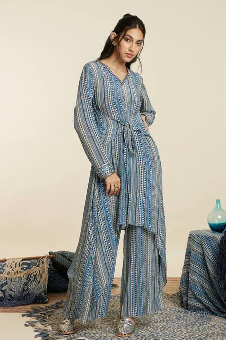 Sva By Sonam & Paras Modi_Blue Crepe Striped V Neck Boho Pattern Front Tie Tunic And Palazzo Set_Online_at_Aza_Fashions