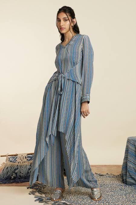 Buy_Sva By Sonam & Paras Modi_Blue Crepe Striped V Neck Boho Pattern Front Tie Tunic And Palazzo Set_Online_at_Aza_Fashions