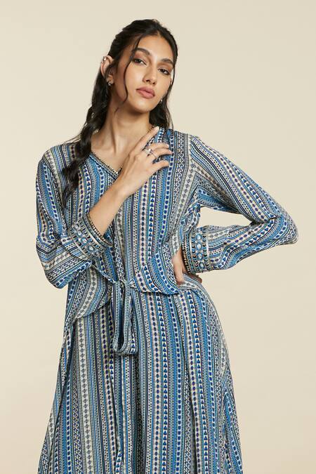 Shop_Sva By Sonam & Paras Modi_Blue Crepe Striped V Neck Boho Pattern Front Tie Tunic And Palazzo Set_Online_at_Aza_Fashions