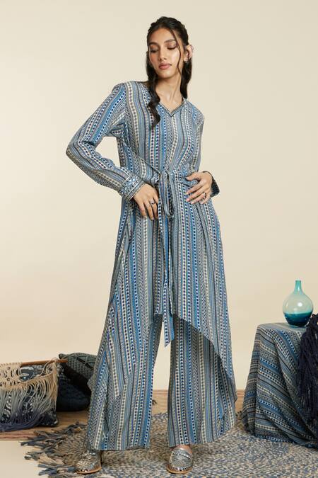 Sva By Sonam & Paras Modi_Blue Crepe Striped V Neck Boho Pattern Front Tie Tunic And Palazzo Set_at_Aza_Fashions