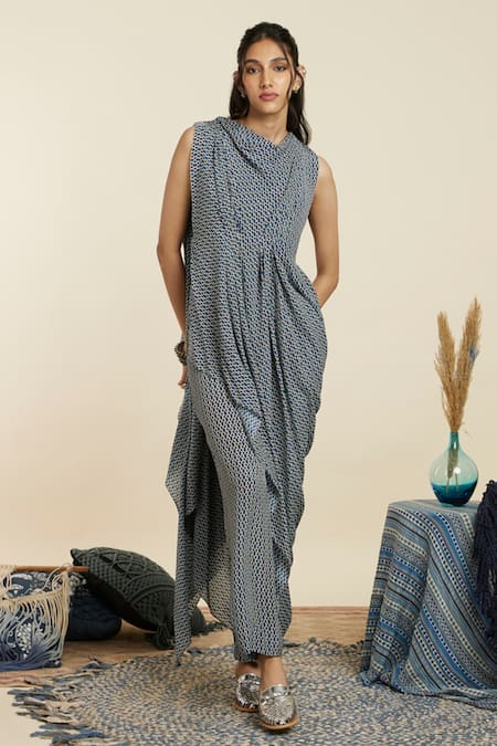 Sva By Sonam & Paras Modi_Blue Crepe Printed Geometric Cowl Neck Draped Crop Top And Pant Set_Online_at_Aza_Fashions