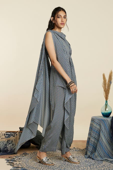 Buy_Sva By Sonam & Paras Modi_Blue Crepe Printed Geometric Cowl Neck Draped Crop Top And Pant Set_Online_at_Aza_Fashions