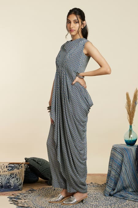 Shop_Sva By Sonam & Paras Modi_Blue Crepe Printed Geometric Cowl Neck Draped Crop Top And Pant Set_Online_at_Aza_Fashions