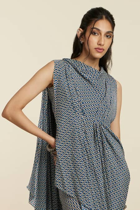 Sva By Sonam & Paras Modi_Blue Crepe Printed Geometric Cowl Neck Draped Crop Top And Pant Set_at_Aza_Fashions