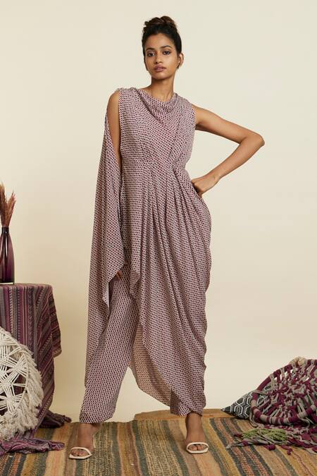 Shop_Sva By Sonam & Paras Modi_Peach Crepe Printed Geometric Cowl Neck Geo Draped Crop Top And Pant Set_Online_at_Aza_Fashions