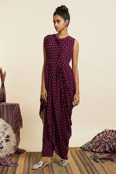 Sva By Sonam & Paras Modi_Multi Color Crepe Printed Geometric Cowl Neck Geo Draped Crop Top With Pant_Online_at_Aza_Fashions