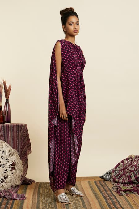 Buy_Sva By Sonam & Paras Modi_Multi Color Crepe Printed Geometric Cowl Neck Geo Draped Crop Top With Pant_Online_at_Aza_Fashions