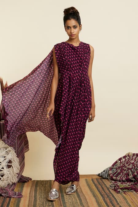 Shop_Sva By Sonam & Paras Modi_Multi Color Crepe Printed Geometric Cowl Neck Geo Draped Crop Top With Pant_Online_at_Aza_Fashions