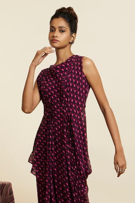 Sva By Sonam & Paras Modi_Multi Color Crepe Printed Geometric Cowl Neck Geo Draped Crop Top With Pant_at_Aza_Fashions