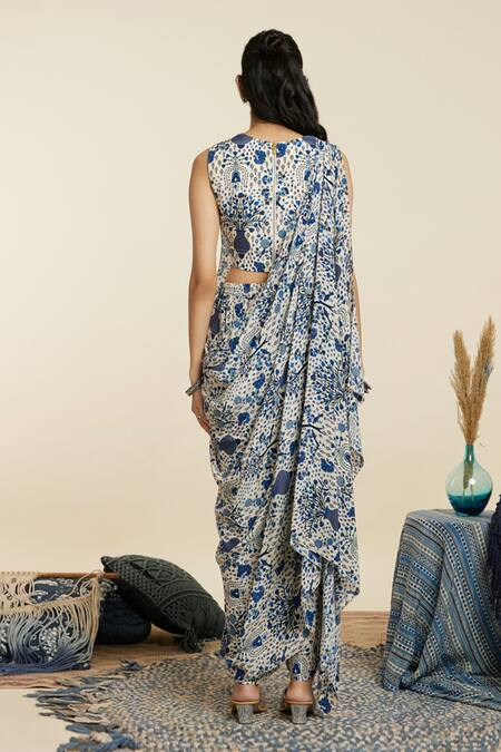 Shop Sva By Sonam & Paras Modi Blue Crepe Printed Botanic Cowl Neck Safar Jaal Draped Crop Top And Pant Set at Aza Fashions Shop_Sva By Sonam & Paras Modi_Blue Crepe Printed Botanic Cowl Neck Safar Jaal Draped Crop Top And Pant Set_at_Aza_Fashions