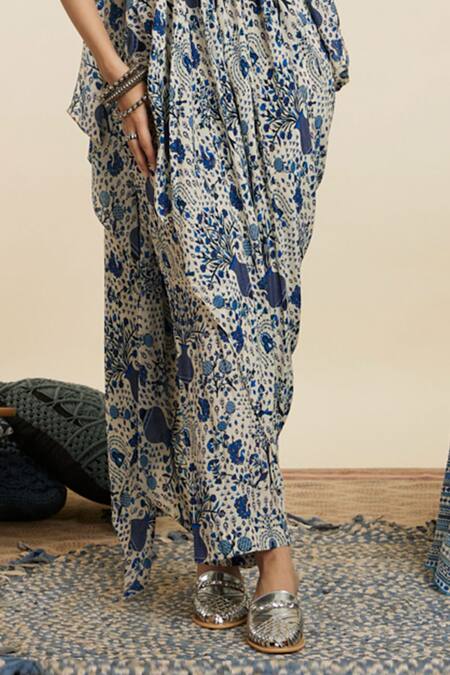Sva By Sonam & Paras Modi Blue Crepe Printed Botanic Cowl Neck Safar Jaal Draped Crop Top And Pant Set Online at Aza Fashions Sva By Sonam & Paras Modi_Blue Crepe Printed Botanic Cowl Neck Safar Jaal Draped Crop Top And Pant Set_Online_at_Aza_Fashions