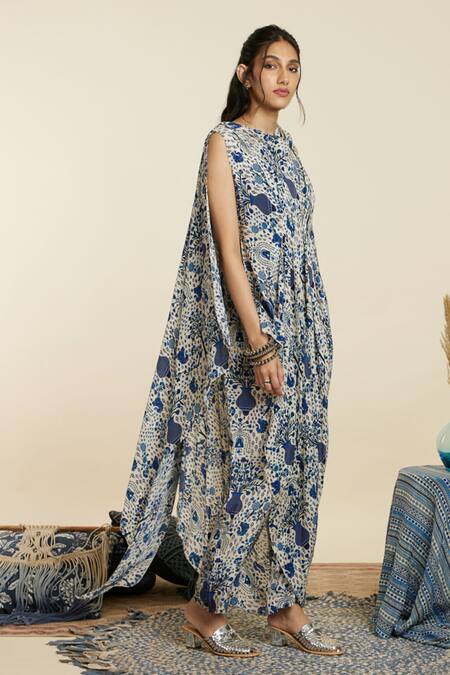 Buy Sva By Sonam & Paras Modi Blue Crepe Printed Botanic Cowl Neck Safar Jaal Draped Crop Top And Pant Set Online at Aza Fashions Buy_Sva By Sonam & Paras Modi_Blue Crepe Printed Botanic Cowl Neck Safar Jaal Draped Crop Top And Pant Set_Online_at_Aza_Fashions