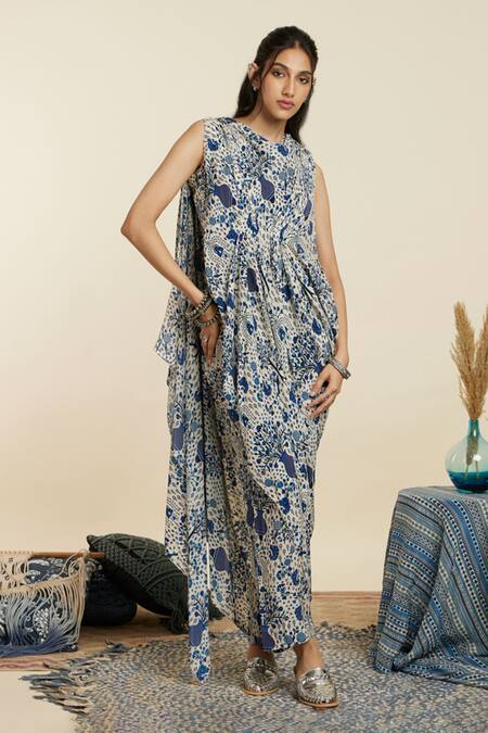 Sva By Sonam & Paras Modi Blue Crepe Printed Botanic Cowl Neck Safar Jaal Draped Crop Top And Pant Set at Aza Fashions Sva By Sonam & Paras Modi_Blue Crepe Printed Botanic Cowl Neck Safar Jaal Draped Crop Top And Pant Set_at_Aza_Fashions