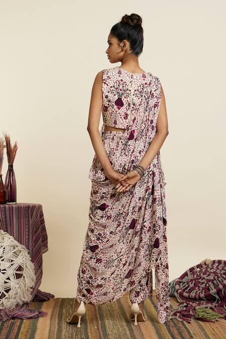 Shop Sva By Sonam & Paras Modi Peach Crepe Printed Botanic Cowl Neck Safar Jaal Draped Crop Top With Pant at Aza Fashions Shop_Sva By Sonam & Paras Modi_Peach Crepe Printed Botanic Cowl Neck Safar Jaal Draped Crop Top With Pant_at_Aza_Fashions