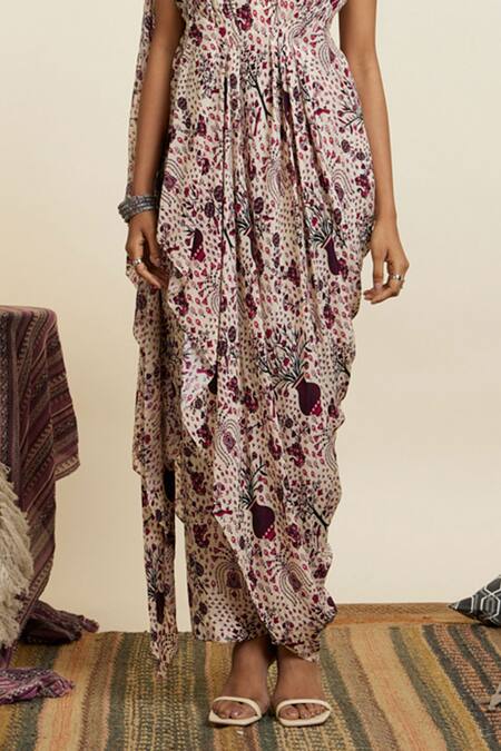 Sva By Sonam & Paras Modi Peach Crepe Printed Botanic Cowl Neck Safar Jaal Draped Crop Top With Pant Online at Aza Fashions Sva By Sonam & Paras Modi_Peach Crepe Printed Botanic Cowl Neck Safar Jaal Draped Crop Top With Pant_Online_at_Aza_Fashions