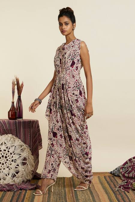 Buy Sva By Sonam & Paras Modi Peach Crepe Printed Botanic Cowl Neck Safar Jaal Draped Crop Top With Pant Online at Aza Fashions Buy_Sva By Sonam & Paras Modi_Peach Crepe Printed Botanic Cowl Neck Safar Jaal Draped Crop Top With Pant_Online_at_Aza_Fashions