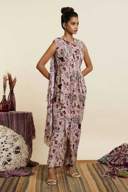 Shop Sva By Sonam & Paras Modi Peach Crepe Printed Botanic Cowl Neck Safar Jaal Draped Crop Top With Pant Online at Aza Fashions Shop_Sva By Sonam & Paras Modi_Peach Crepe Printed Botanic Cowl Neck Safar Jaal Draped Crop Top With Pant_Online_at_Aza_Fashions