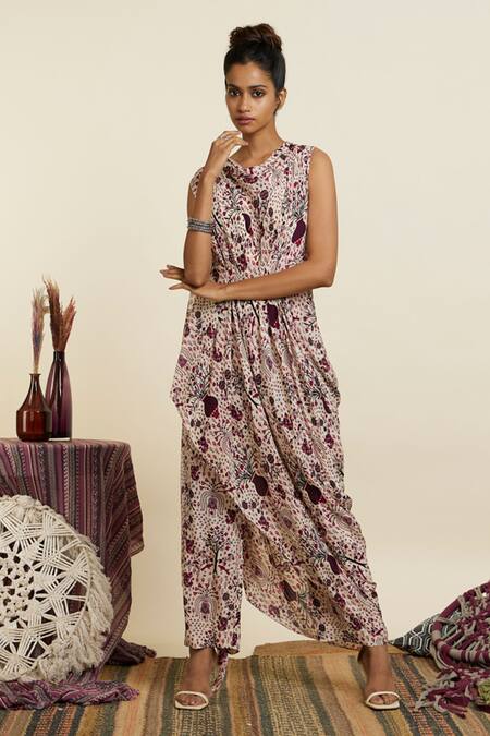 Sva By Sonam & Paras Modi Peach Crepe Printed Botanic Cowl Neck Safar Jaal Draped Crop Top With Pant at Aza Fashions Sva By Sonam & Paras Modi_Peach Crepe Printed Botanic Cowl Neck Safar Jaal Draped Crop Top With Pant_at_Aza_Fashions