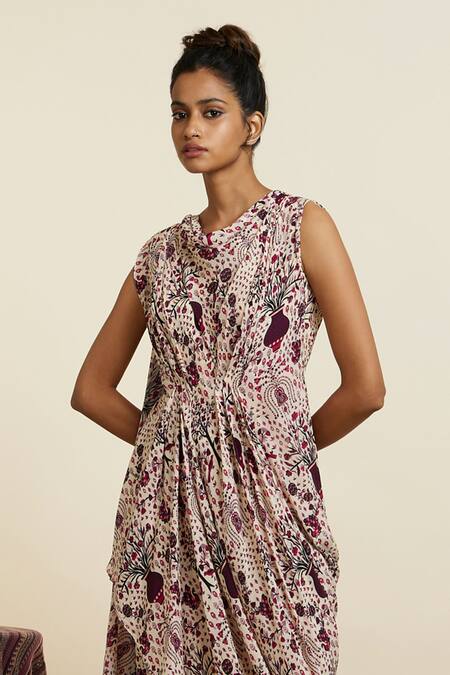 Buy Sva By Sonam & Paras Modi Peach Crepe Printed Botanic Cowl Neck Safar Jaal Draped Crop Top With Pant Buy_Sva By Sonam & Paras Modi_Peach Crepe Printed Botanic Cowl Neck Safar Jaal Draped Crop Top With Pant