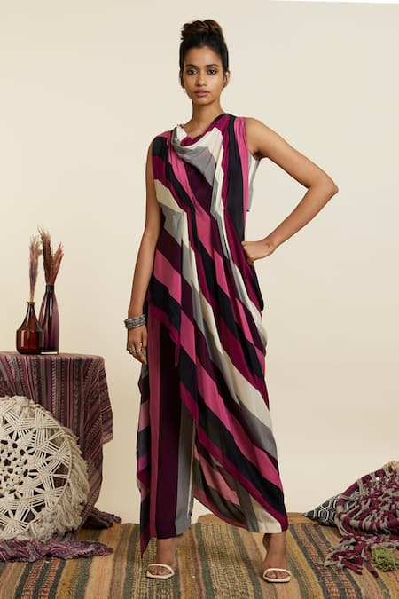 SVA by Sonam & Paras Modi Multi Color Crepe Printed Striped Cowl Neck Draped Crop Top With Pant 