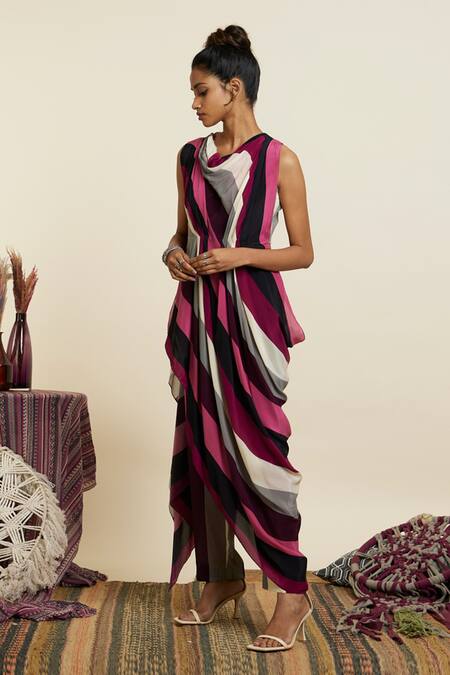 Buy_Sva By Sonam & Paras Modi_Multi Color Crepe Printed Striped Cowl Neck Draped Crop Top With Pant_Online_at_Aza_Fashions
