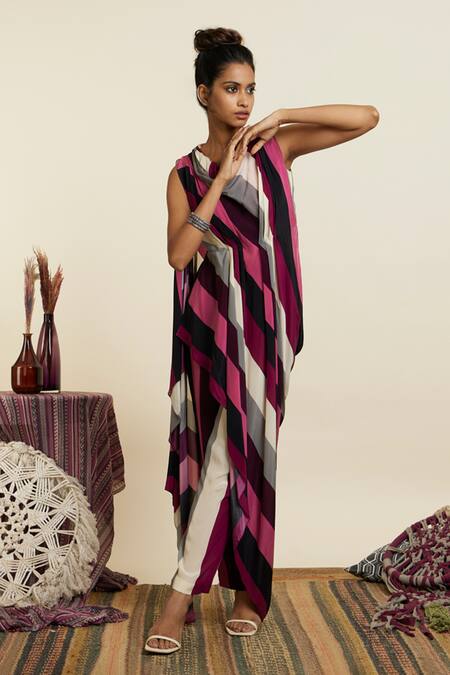 Sva By Sonam & Paras Modi_Multi Color Crepe Printed Striped Cowl Neck Draped Crop Top With Pant_at_Aza_Fashions