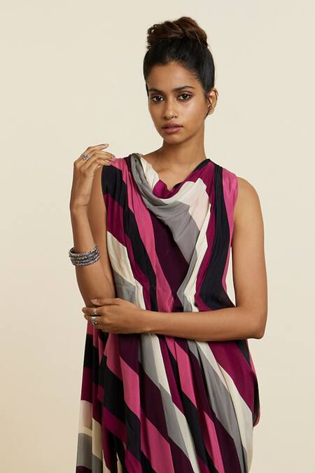 Buy_Sva By Sonam & Paras Modi_Multi Color Crepe Printed Striped Cowl Neck Draped Crop Top With Pant