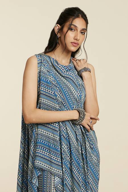 Sva By Sonam & Paras Modi_Blue Crepe Printed Boho Stripes Cowl Neck Draped Crop Top With Pant_Online_at_Aza_Fashions