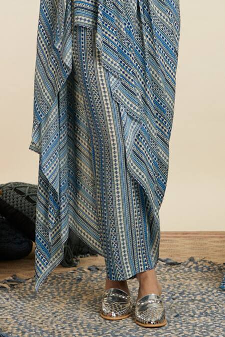 Shop_Sva By Sonam & Paras Modi_Blue Crepe Printed Boho Stripes Cowl Neck Draped Crop Top With Pant_Online_at_Aza_Fashions