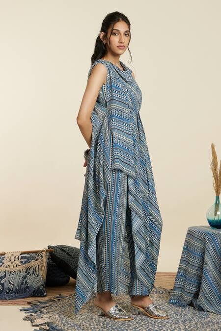 Sva By Sonam & Paras Modi_Blue Crepe Printed Boho Stripes Cowl Neck Draped Crop Top With Pant_at_Aza_Fashions