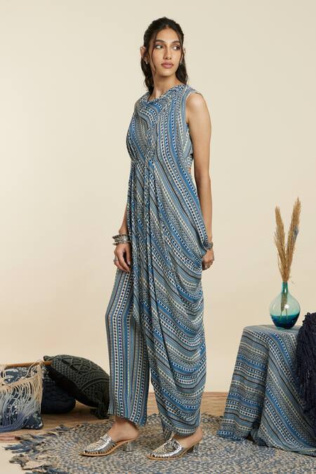 Buy_Sva By Sonam & Paras Modi_Blue Crepe Printed Boho Stripes Cowl Neck Draped Crop Top With Pant