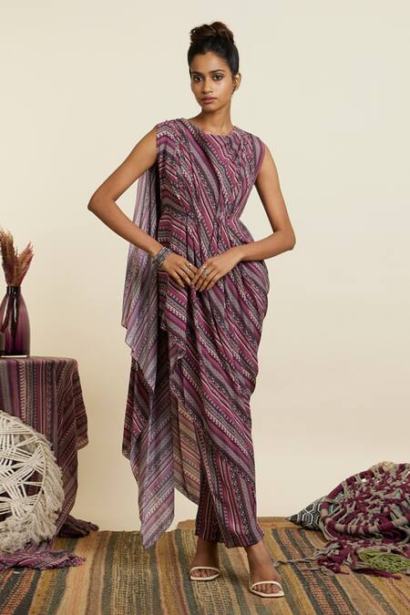 SVA by Sonam & Paras Modi Boho Stripe Print Draped Crop Top & Pant Set 